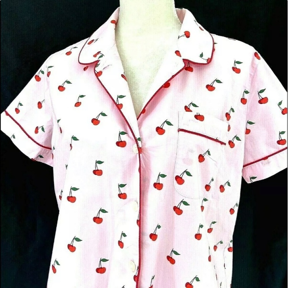 J.CREW Cotton Pajama Top Short Sleeve Pink with red and green cherries S…